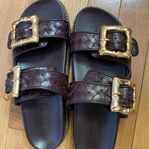 SCHUTZ Dark Brown Sandals with Gold Buckles